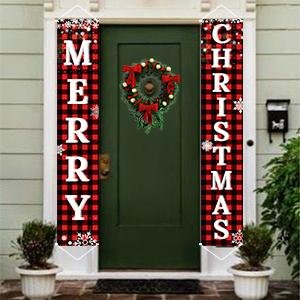 Buffalo plaid Merry Christmas porch banner set hanging on a door with a wreath