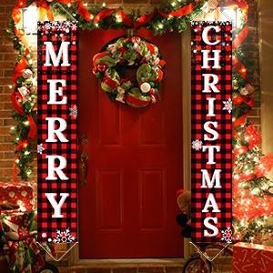 Buffalo plaid Merry Christmas porch banner set hanging on a red door with a wreath and holiday decorations