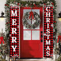 Buffalo plaid Merry Christmas porch banner set hanging on a red door with a wreath and garland