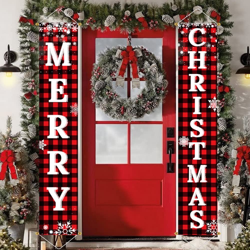 Buffalo plaid Merry Christmas porch banner set hanging on a red door with a wreath and garland