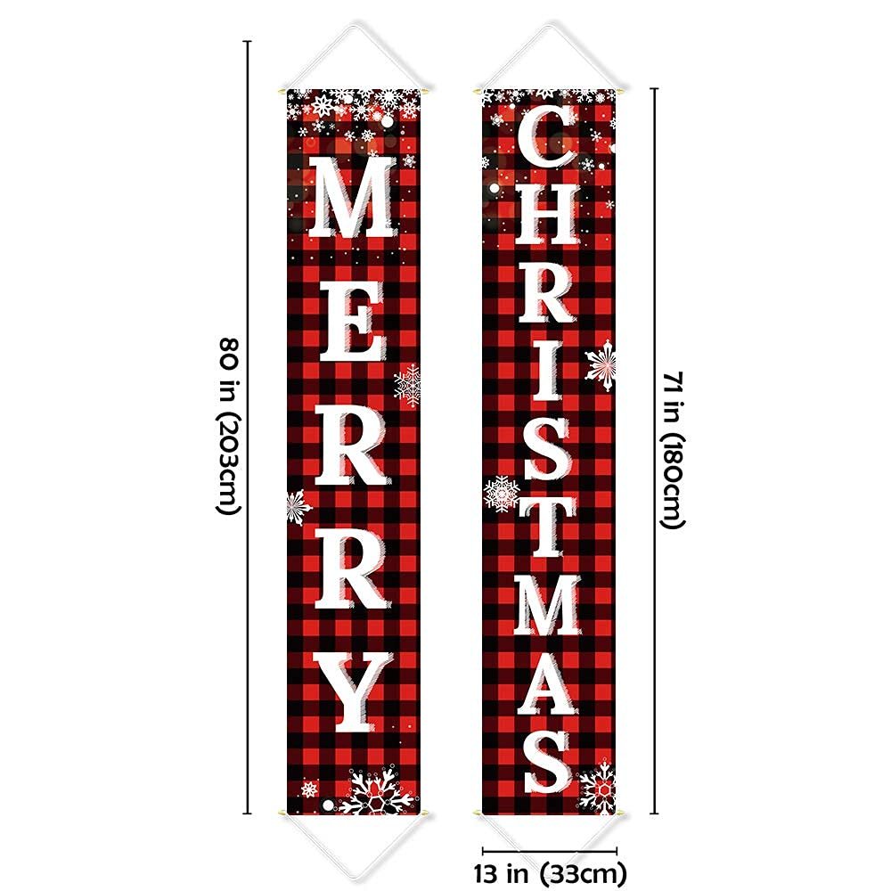 Two Buffalo Plaid Christmas banners, one reading "MERRY" and the other "CHRISTMAS", with snowflake accents and size dimensions shown.