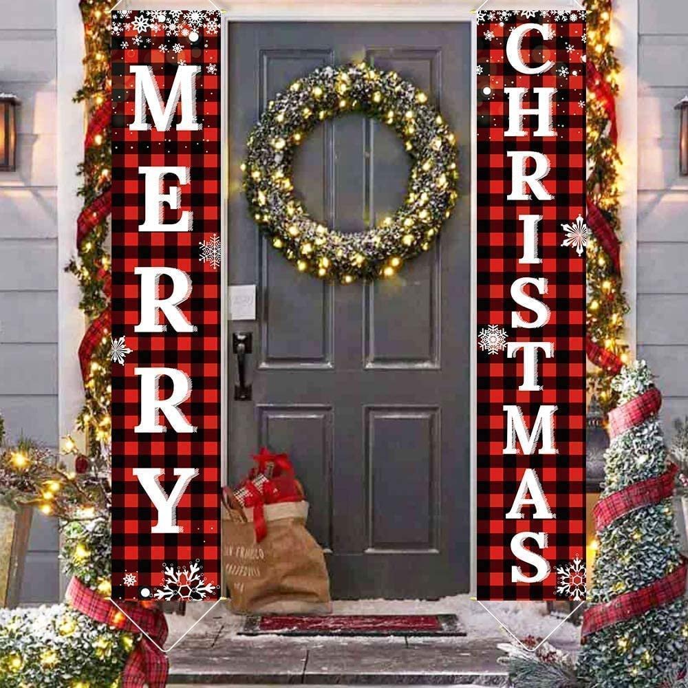 Buffalo plaid Merry Christmas porch banner set hanging on a door with a wreath and holiday decorations