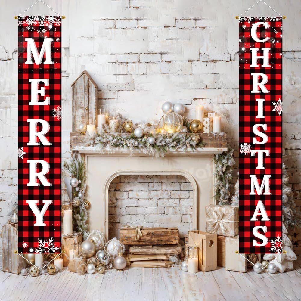 Two buffalo plaid Christmas porch banners reading 'MERRY' and 'CHRISTMAS' hang on a brick wall above a decorated fireplace.