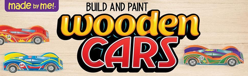 Three wooden race cars, two red and blue, one orange and purple, with large "WOODEN CARS" text overlay.