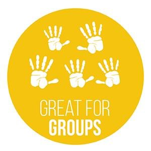 Yellow circle graphic with five white handprint icons and text 'GREAT FOR GROUPS'