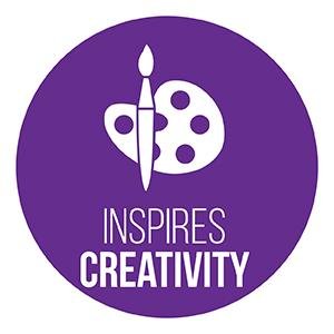 Purple circle graphic with white paint palette and brush icon above text 'INSPIRES CREATIVITY'
