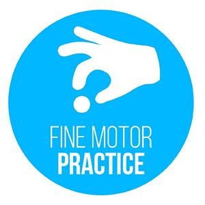 Blue circle graphic with white hand icon dropping a small ball above text 'FINE MOTOR PRACTICE'