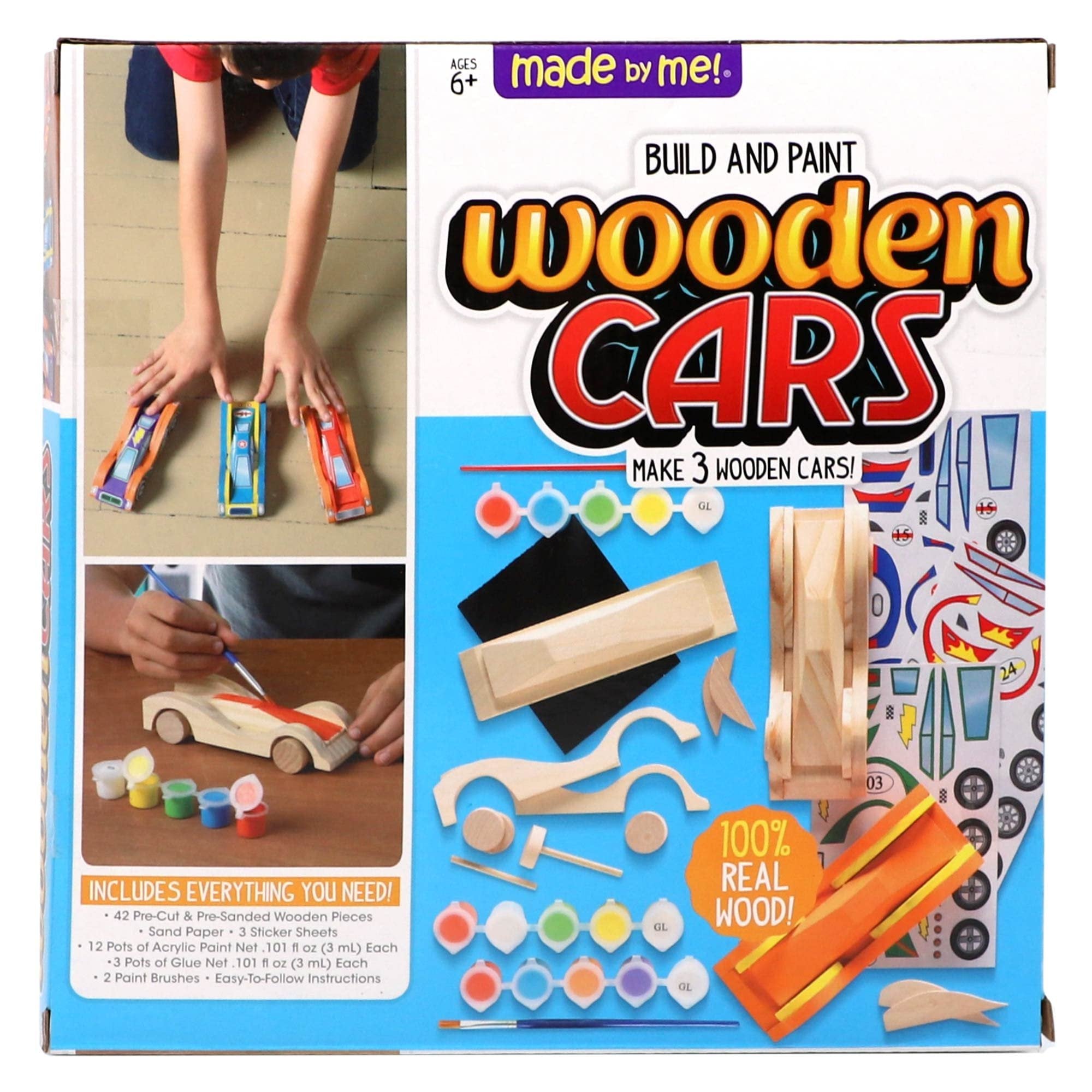 Build and Paint Wooden Cars craft kit box showing contents and children crafting.