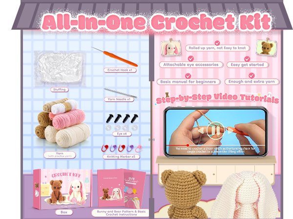 Bunny and Bear crochet kit contents including yarn, stuffing, hook, needle, eyes, markers, and instructions.