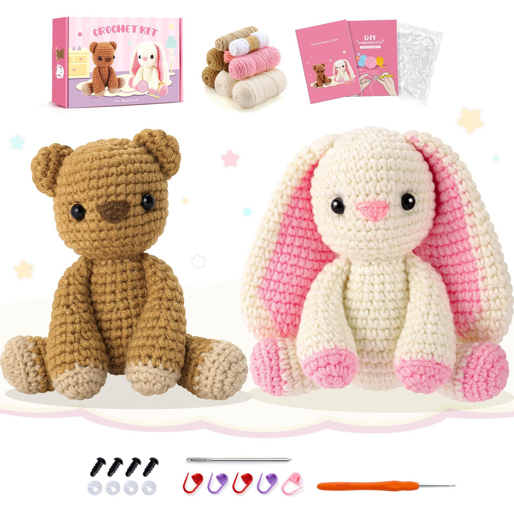 Crochet kit with finished bear and bunny figures, yarn, crochet hook, needle, stitch markers, and safety eyes.