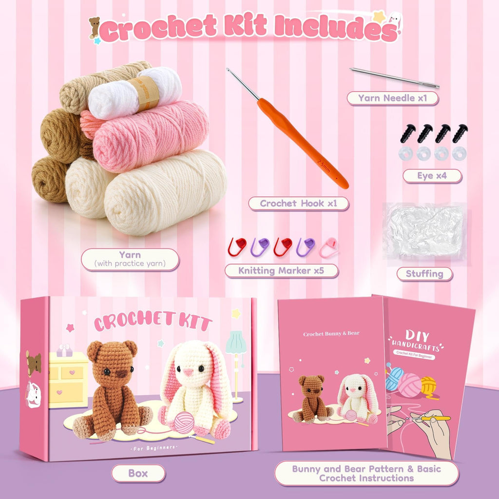 Crochet kit contents including yarn, hook, needle, markers, eyes, stuffing, and instruction books, with finished bunny and bear figures.