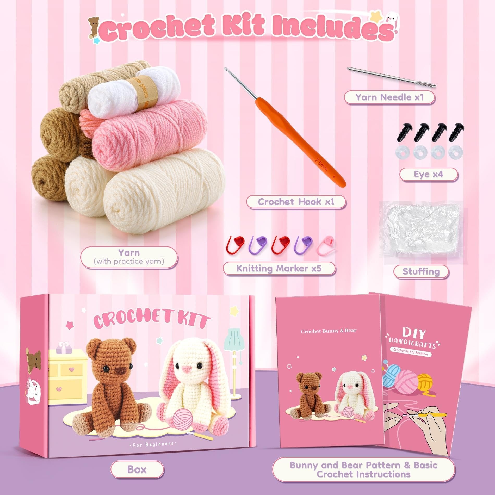 Crochet kit contents including yarn, hook, needle, markers, eyes, stuffing, and instruction books, with finished bunny and bear figures.