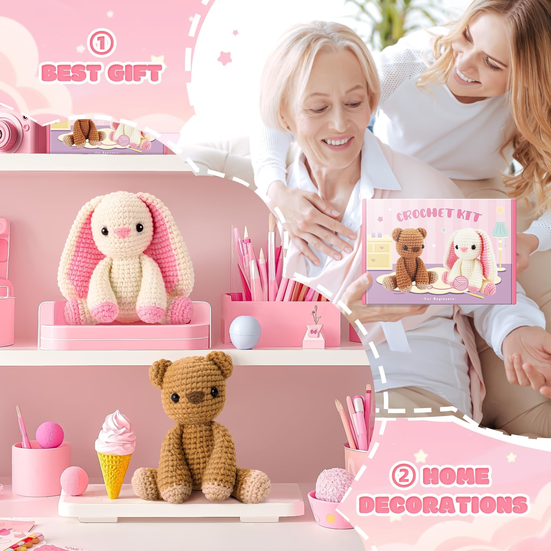 Crochet kit with finished bunny and bear toys, plus a box showing kit contents and two women smiling.