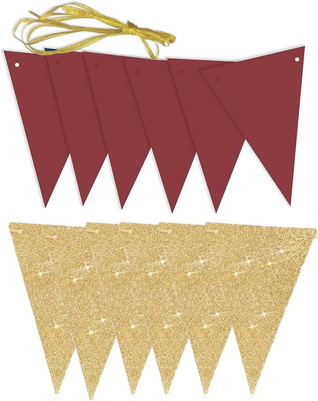 Burgundy and gold glitter triangle bunting garland set on white background