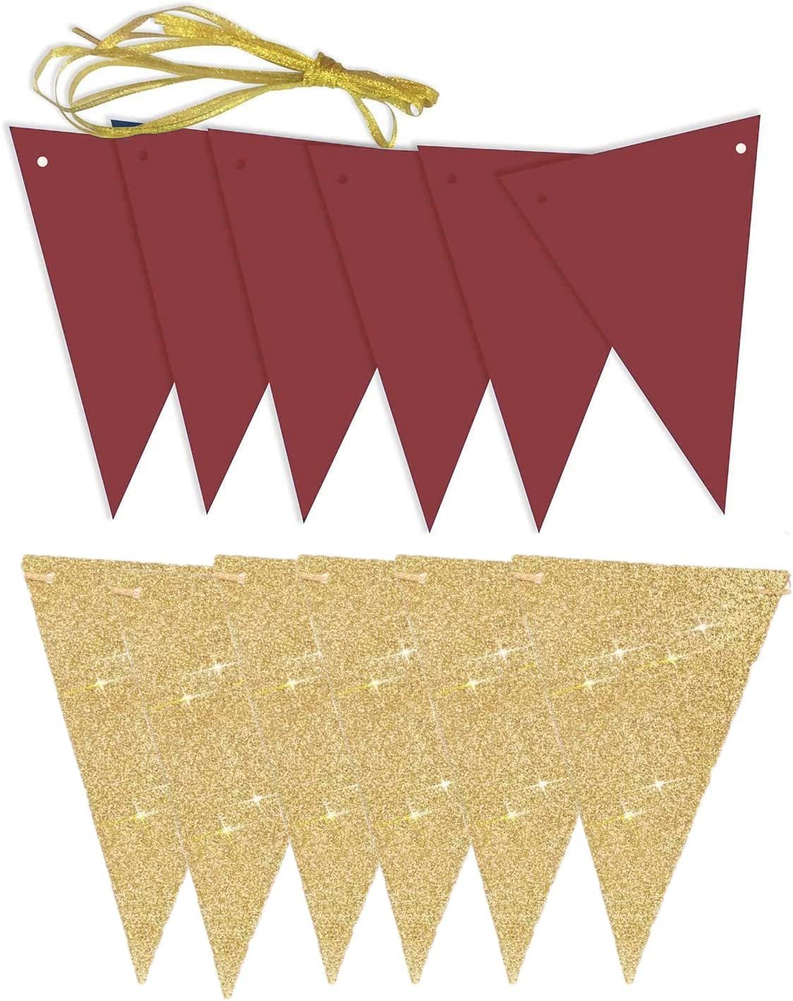 Burgundy and gold glitter triangle bunting garland set on white background