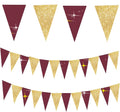 Burgundy and gold glitter triangle bunting garland strands on white background