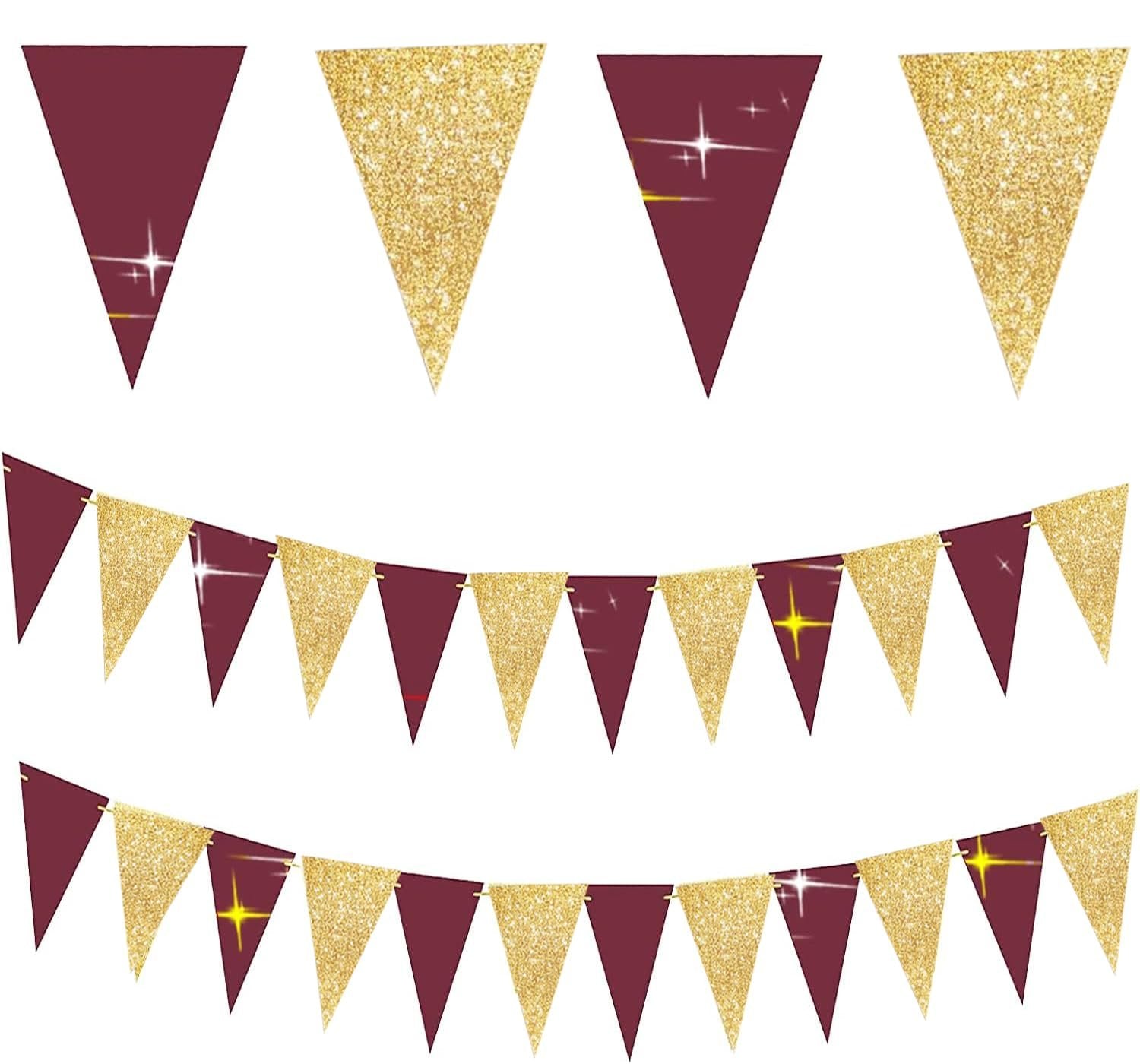 Burgundy and gold glitter triangle bunting garland strands on white background