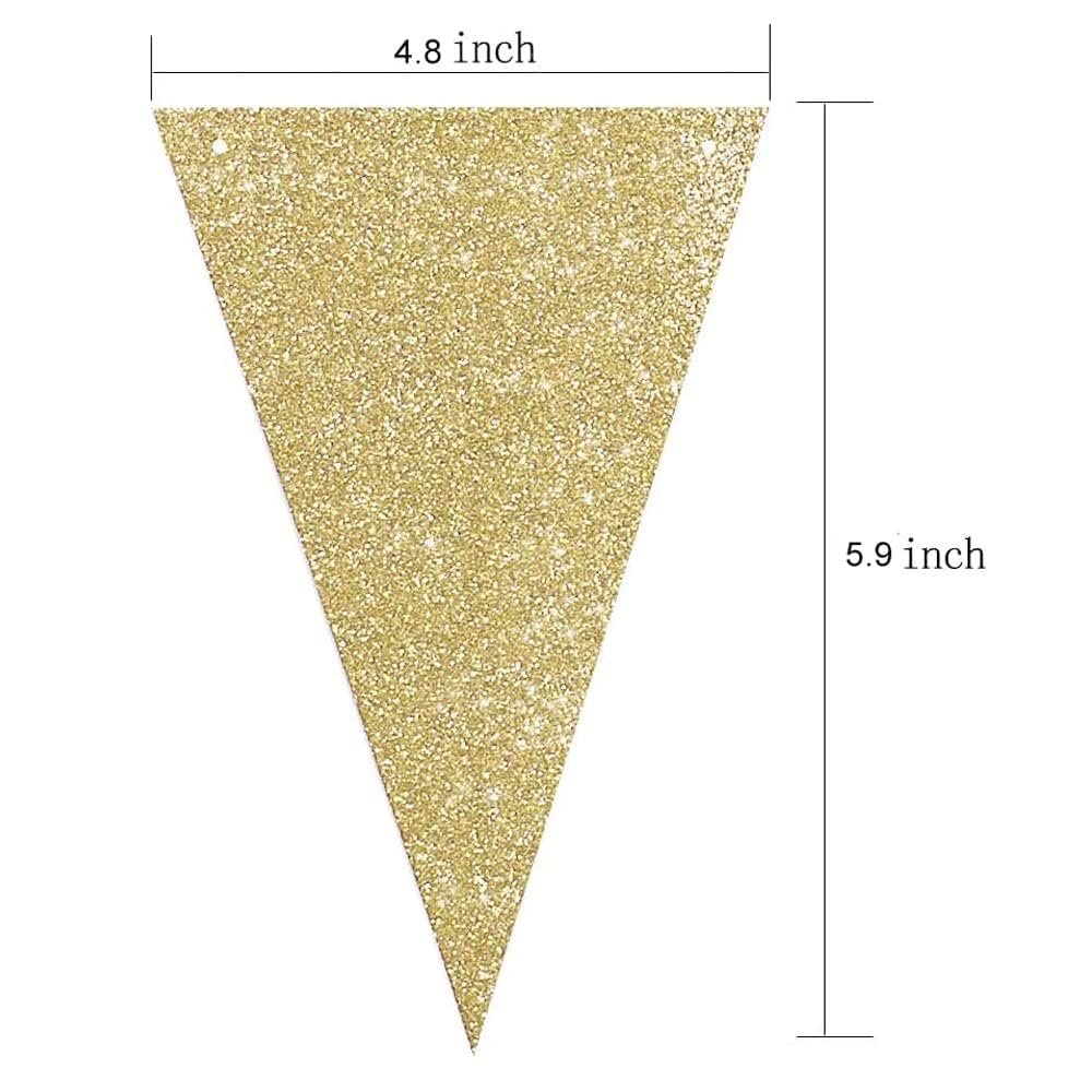 Gold glitter triangle bunting flag with dimensions 4.8 inches wide and 5.9 inches tall shown against a white background.
