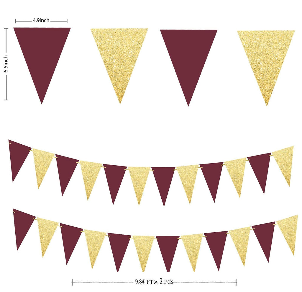 Burgundy and gold glitter triangle bunting garland set, showing individual triangles and two strung garlands with dimensions.