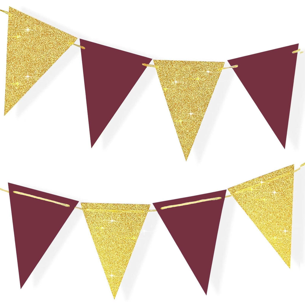 Two burgundy and gold glitter triangle bunting garlands strung on gold cord against a white background.