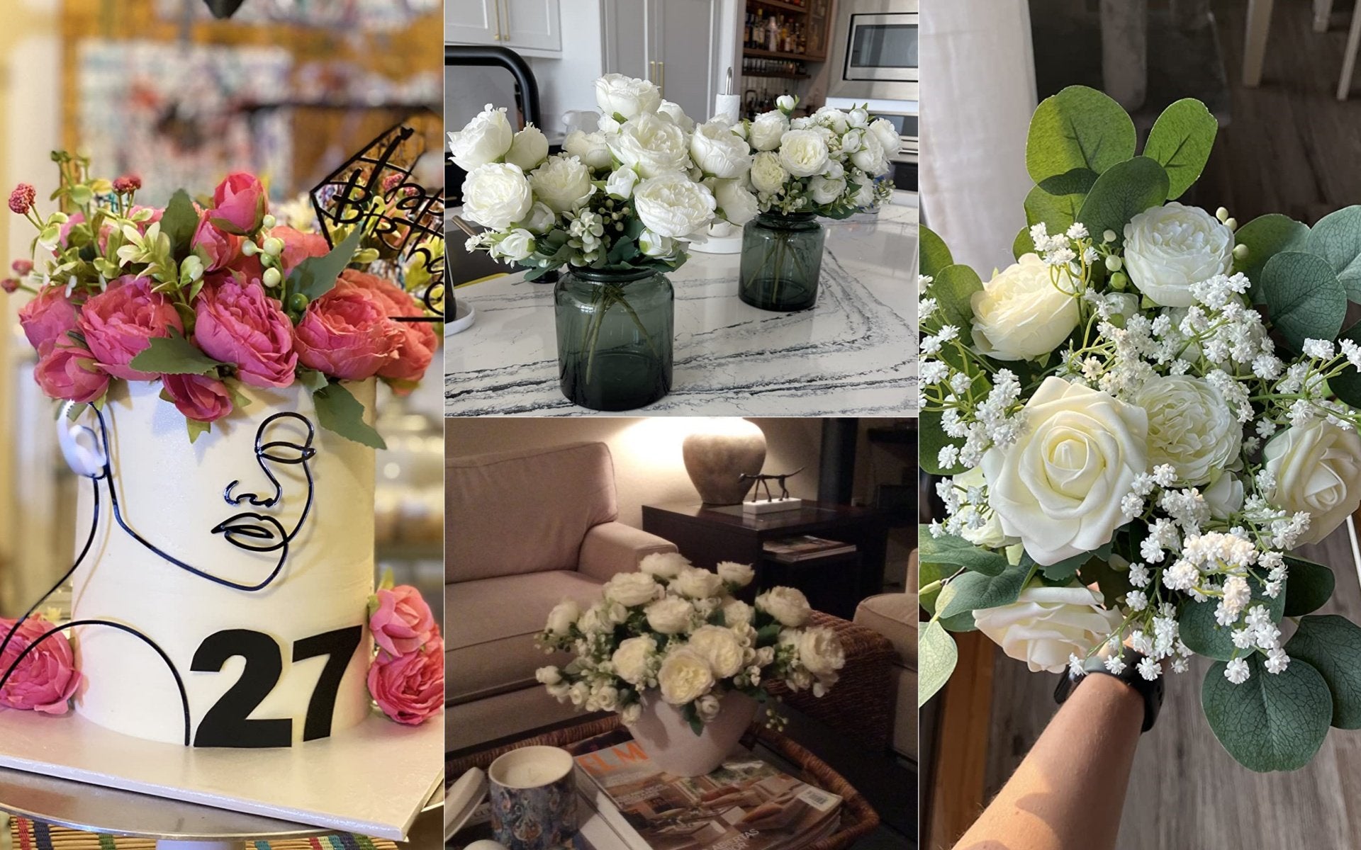 Collage of artificial flower arrangements: pink peonies on a cake, white peonies in vases, and a white rose bouquet.