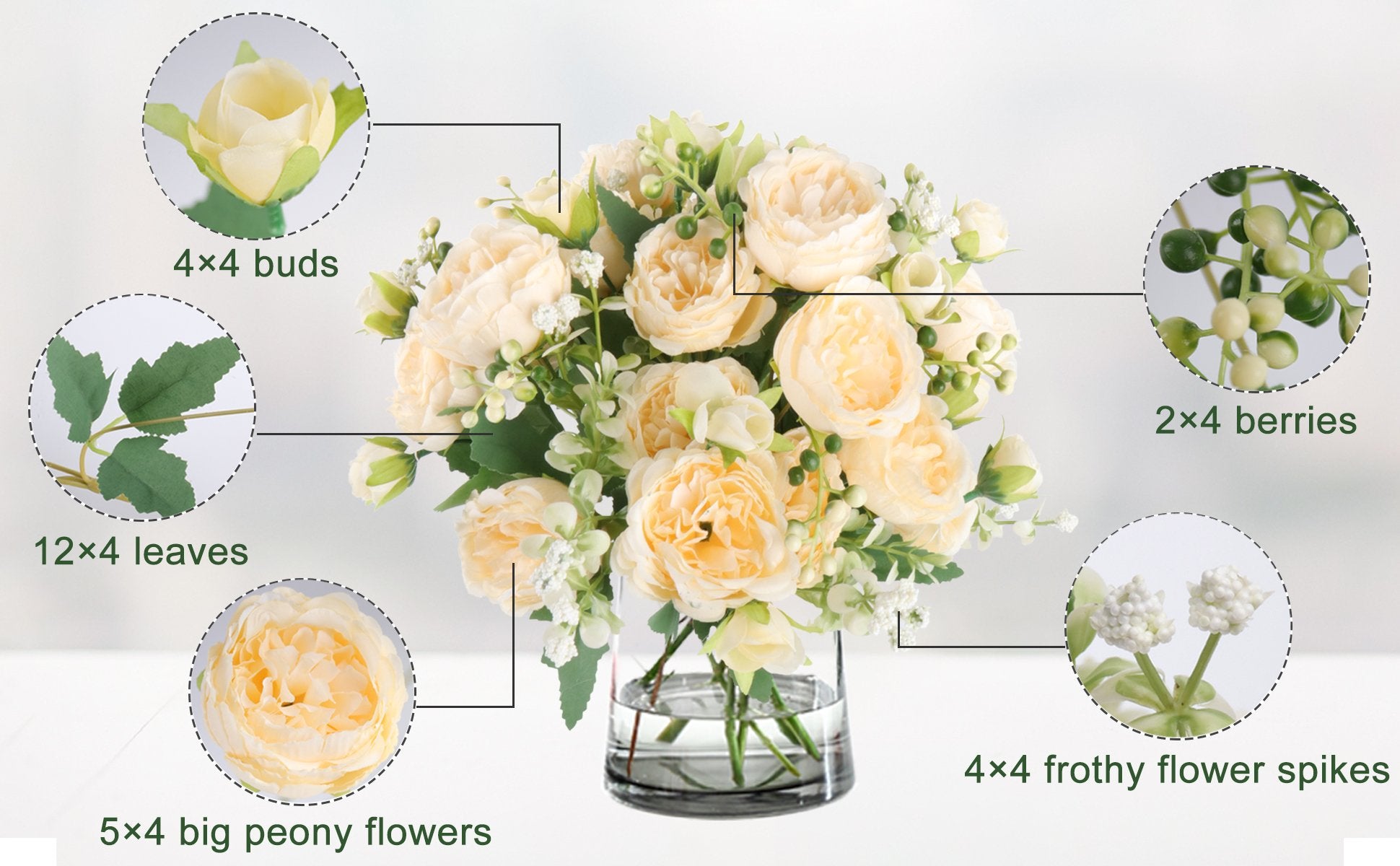 Cream artificial peonies in a glass vase with close-ups of buds, leaves, berries, and flower spikes.