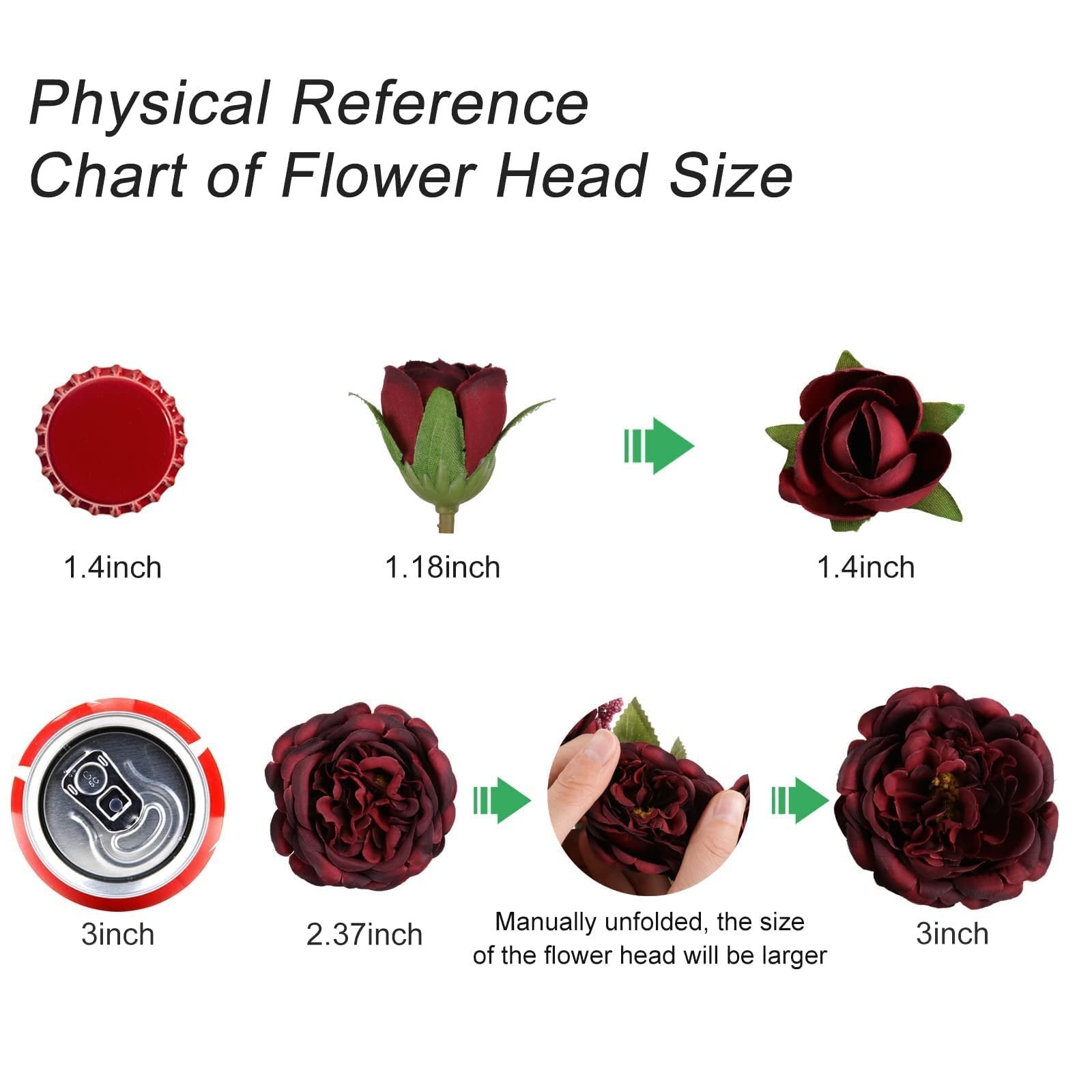 Burgundy artificial peony flower head size reference chart with bottle cap and soda can for scale.
