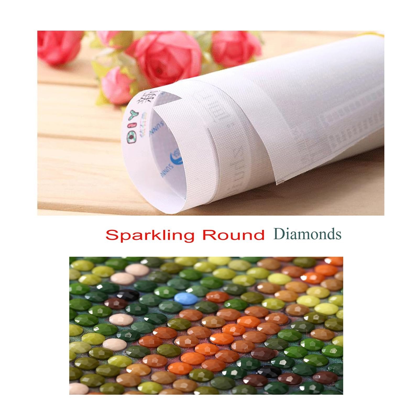 Rolled diamond painting canvas with pink roses in background and close-up of colorful round diamonds