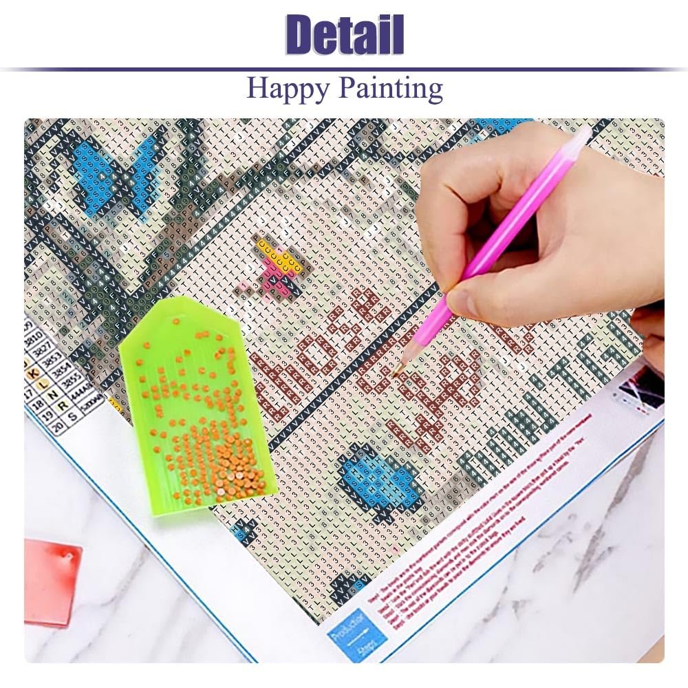 Diamond painting canvas with a hand using a pink tool to place orange diamonds, a green tray with diamonds, and a printed guide.