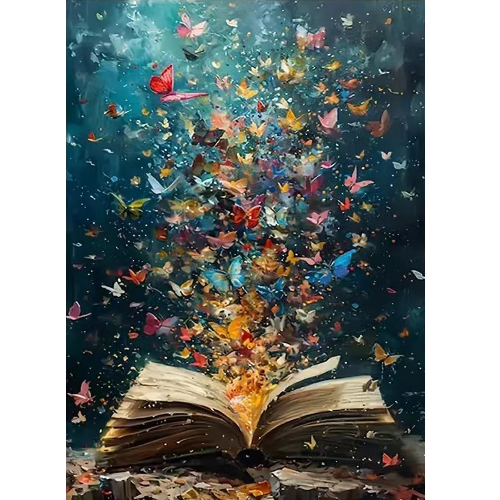 Diamond painting kit featuring an open book with colorful butterflies emerging from its pages against a dark blue background.