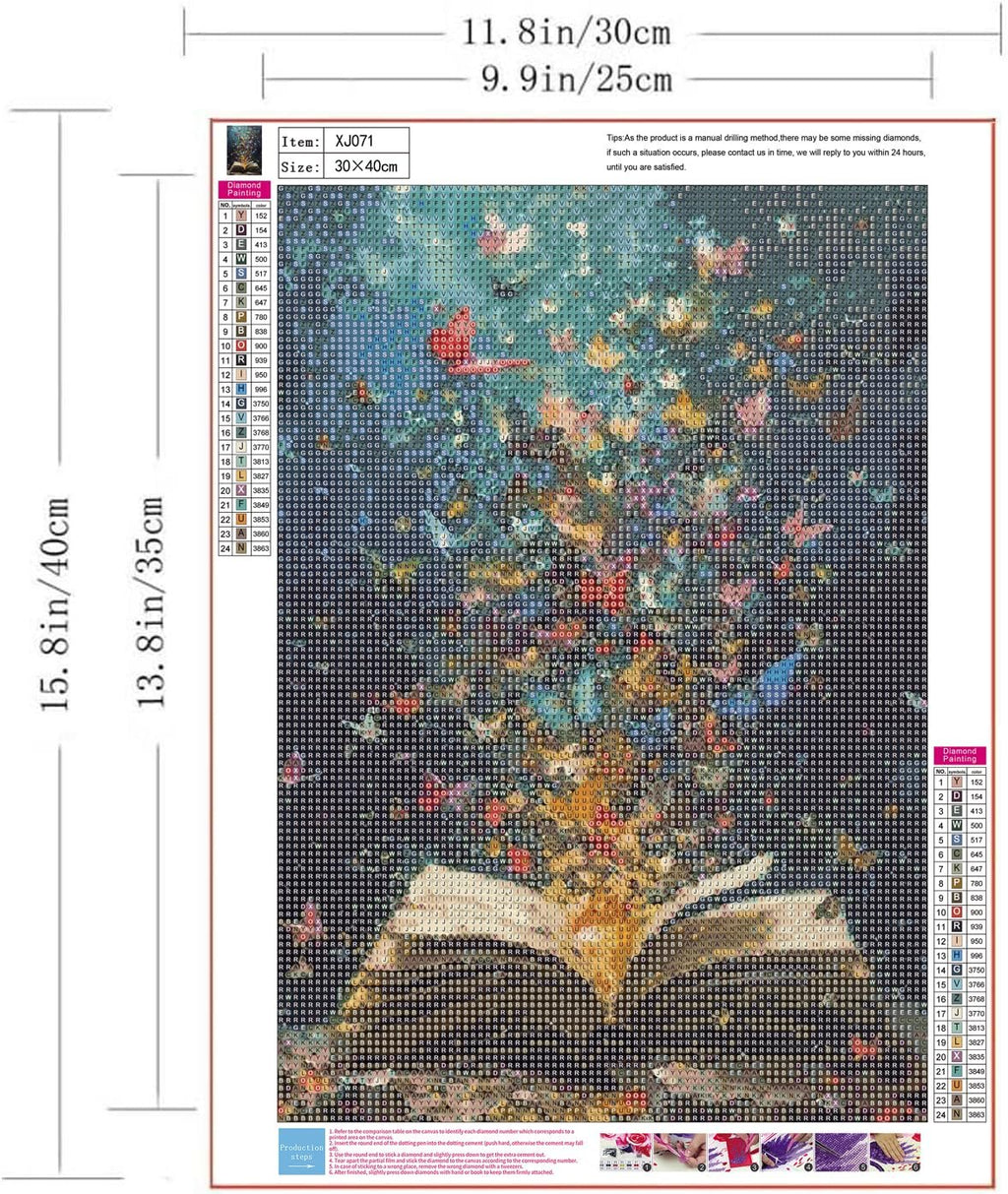 Diamond painting kit showing a book with butterflies flying out, with color and symbol key on the side.