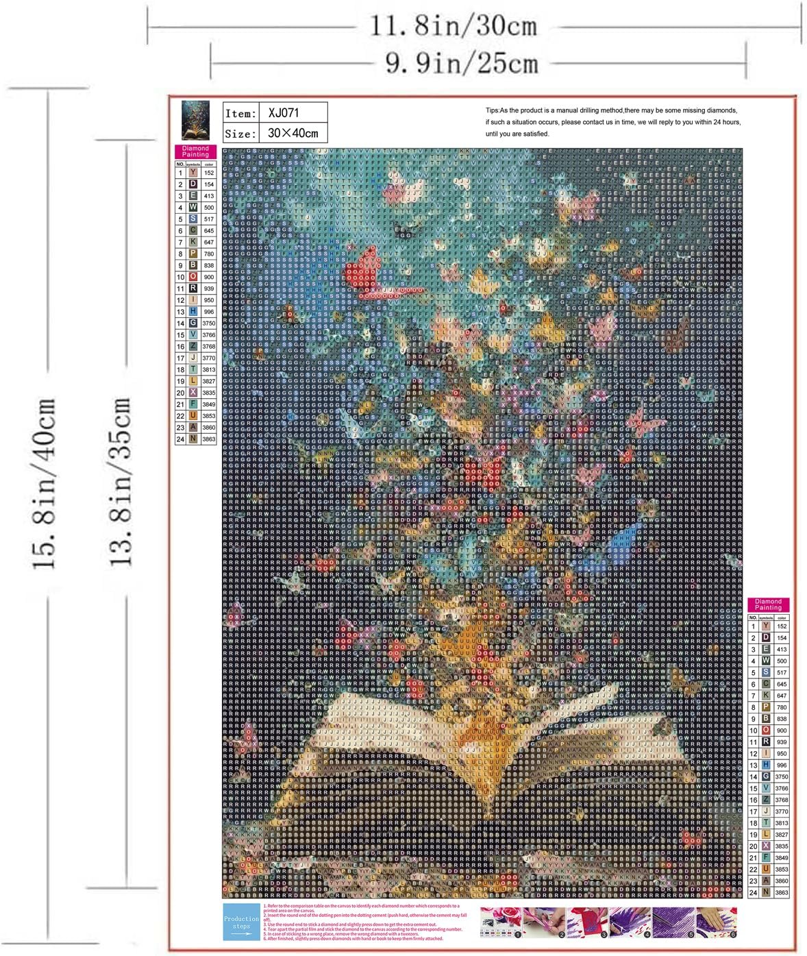 Diamond painting kit showing a book with butterflies flying out, with color and symbol key on the side.