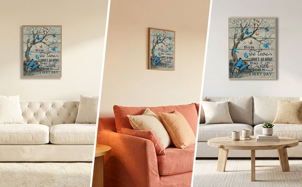 Wall art with a tree, butterflies, and inspirational quote displayed in a living room setting.