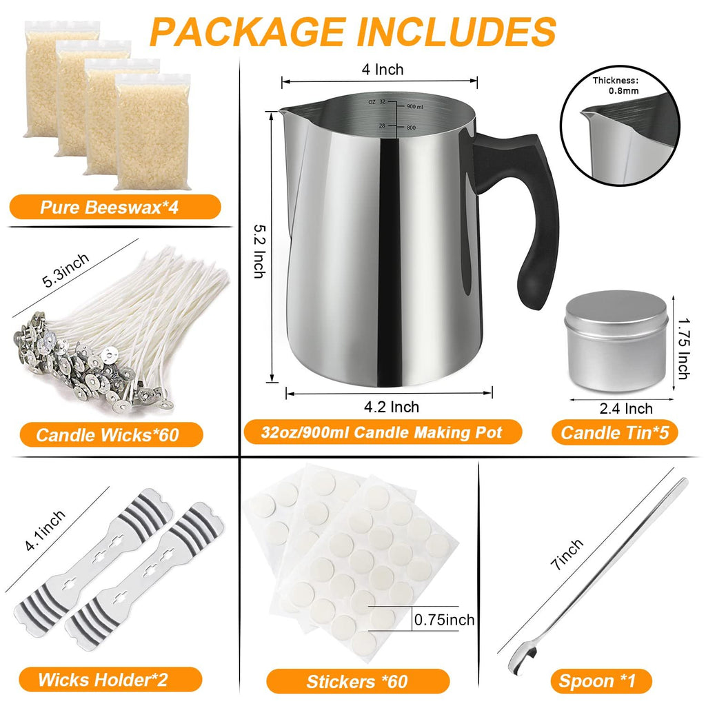 Candle making kit contents laid out, showing beeswax bags, wicks, pouring pot, tins, holders, stickers, and spoon with dimensions.