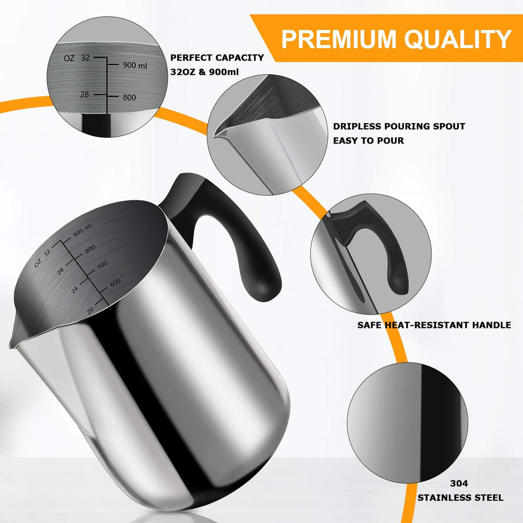 Stainless steel pouring pot with measurement markings for ounces and milliliters, highlighting capacity and spout.