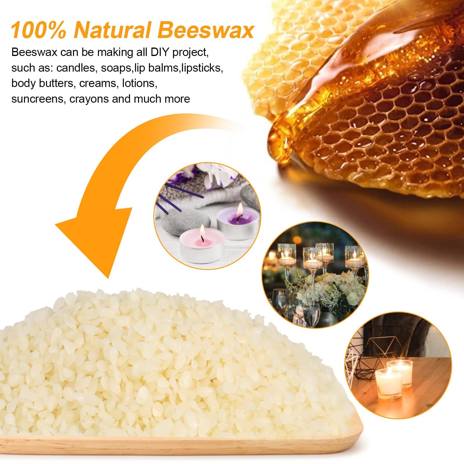 Pile of natural beeswax pellets on a wooden tray with honeycomb and candle-making inspiration images