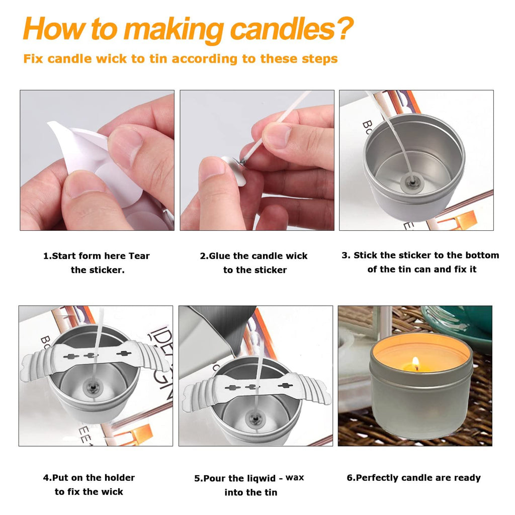Collage showing six steps for making a candle, from attaching a wick to a tin to a finished lit candle.