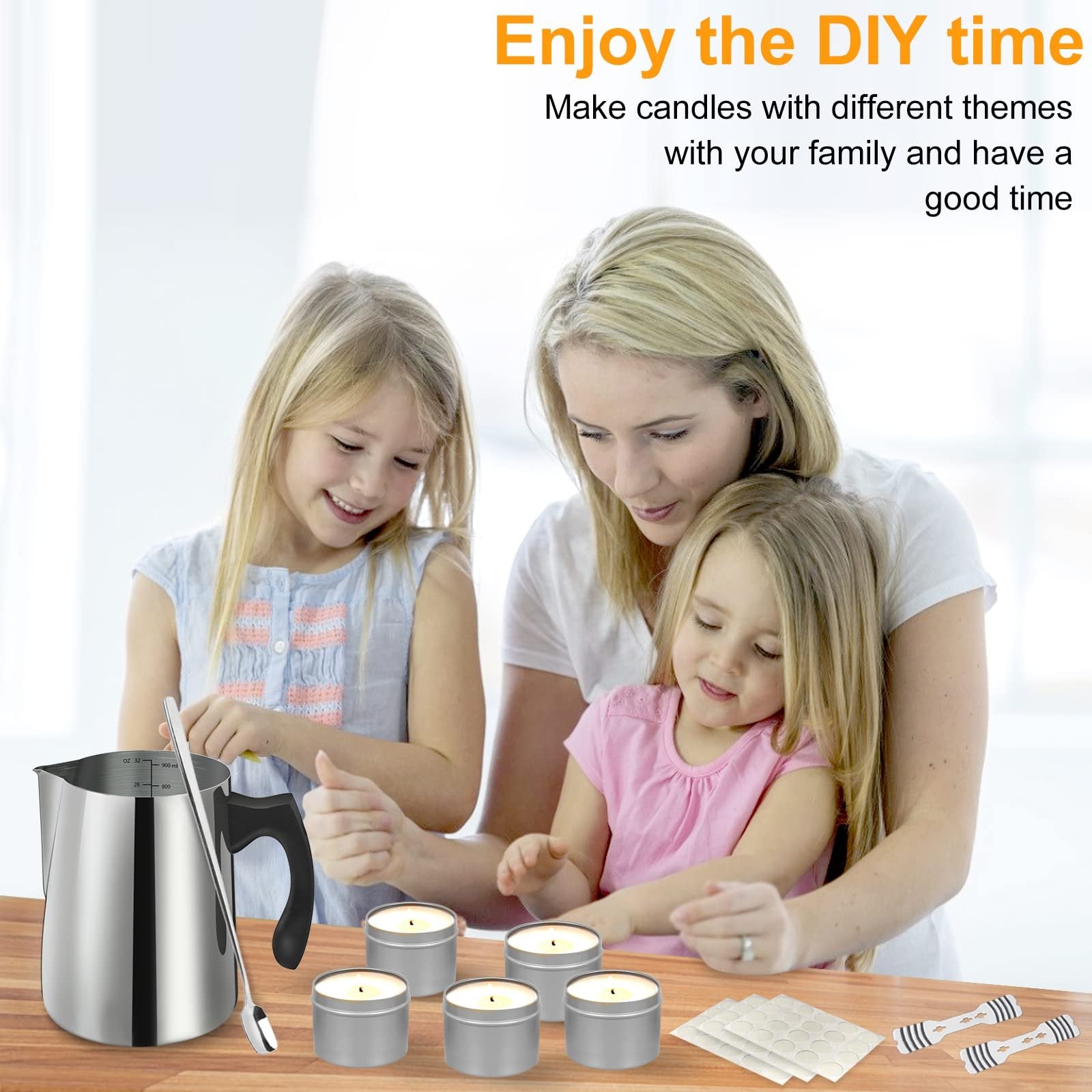 Mother and two daughters making candles with a stainless steel pouring pot, tins, and wicks.