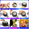 Collage showing steps for making a DIY candle: attaching wick, securing wick, powering wax furnace, adding wax, stirring wax, adding dye, adding essential oils, pouring into container, and finished candles.