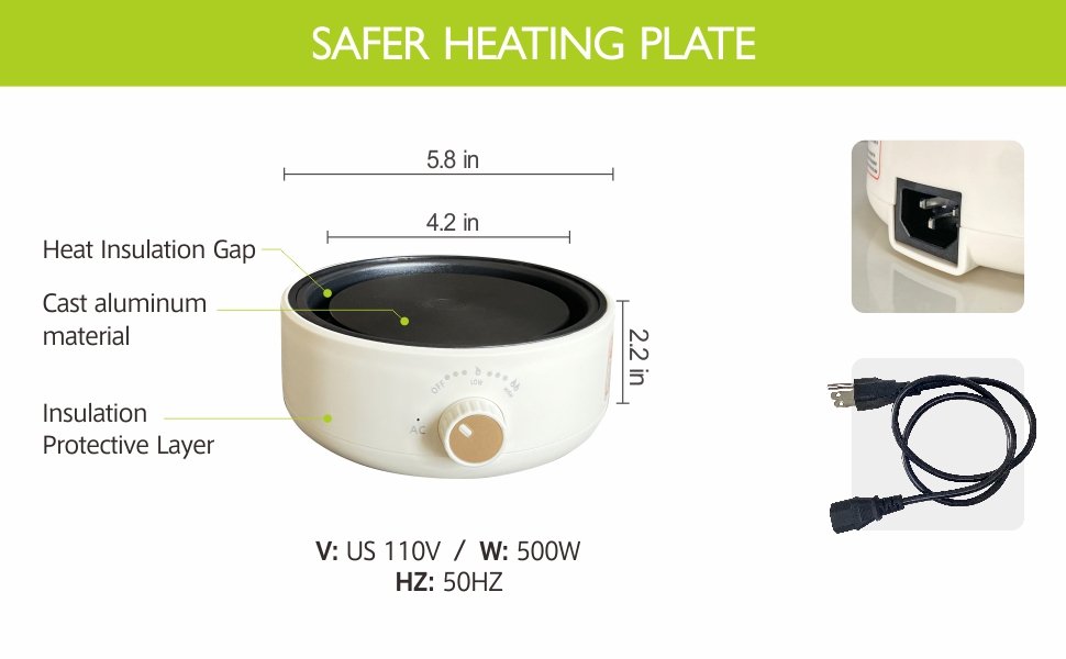 Compact electric heating plate with dimensions and material callouts, plus power specifications and accessories.