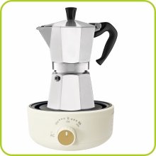 Moka pot coffee maker on a cream-colored electric hot plate with a black knob and indicator lights.