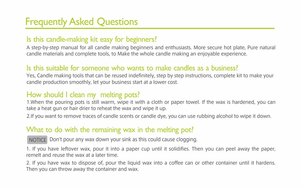 Frequently Asked Questions about a candle making kit, covering ease of use, business suitability, and cleaning instructions.