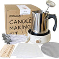 Candle making kit contents including a melting pot with thermometer, hot plate, wicks, wooden sticks, and stickers.