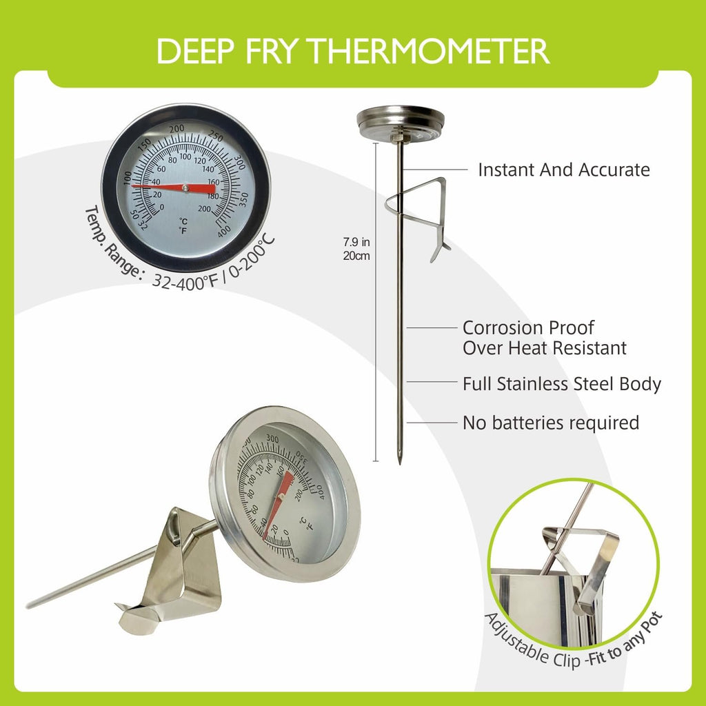 Deep fry thermometer with dial showing temperature in Fahrenheit and Celsius, and a stainless steel probe with an adjustable clip.