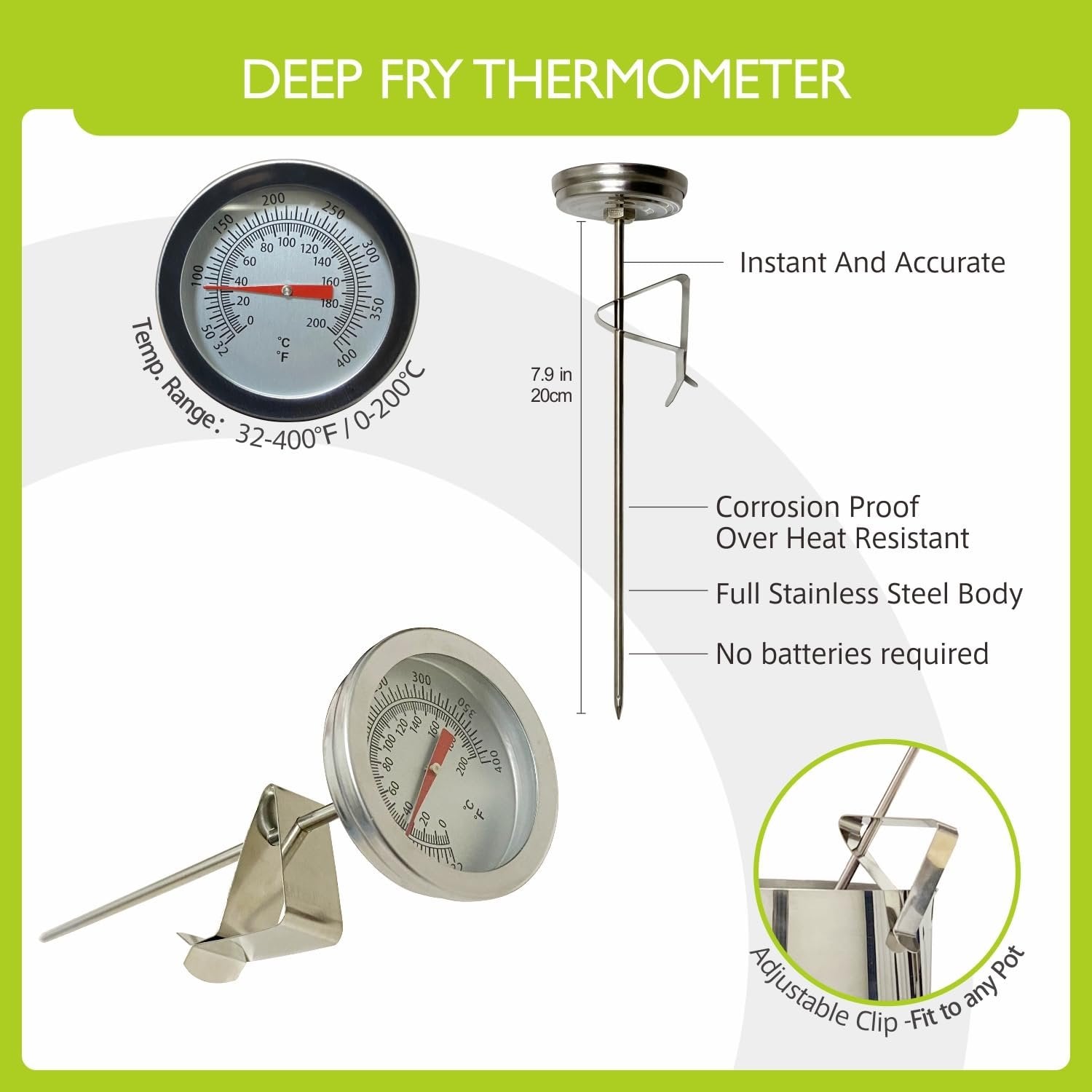 Deep fry thermometer with dial showing temperature in Fahrenheit and Celsius, and a stainless steel probe with an adjustable clip.