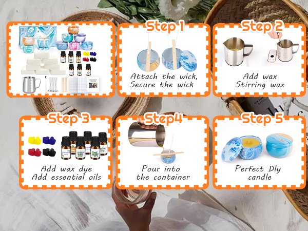 Candle making kit contents and step-by-step instructions for creating DIY candles.