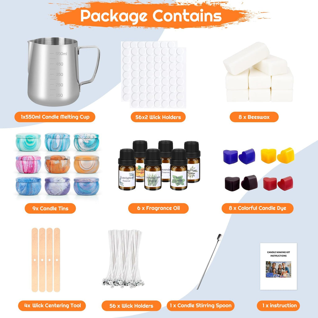 Candle making kit contents laid out, including melting cup, tins, beeswax, fragrance oils, dyes, wicks, centering tools, stirring spoon, and instructions.