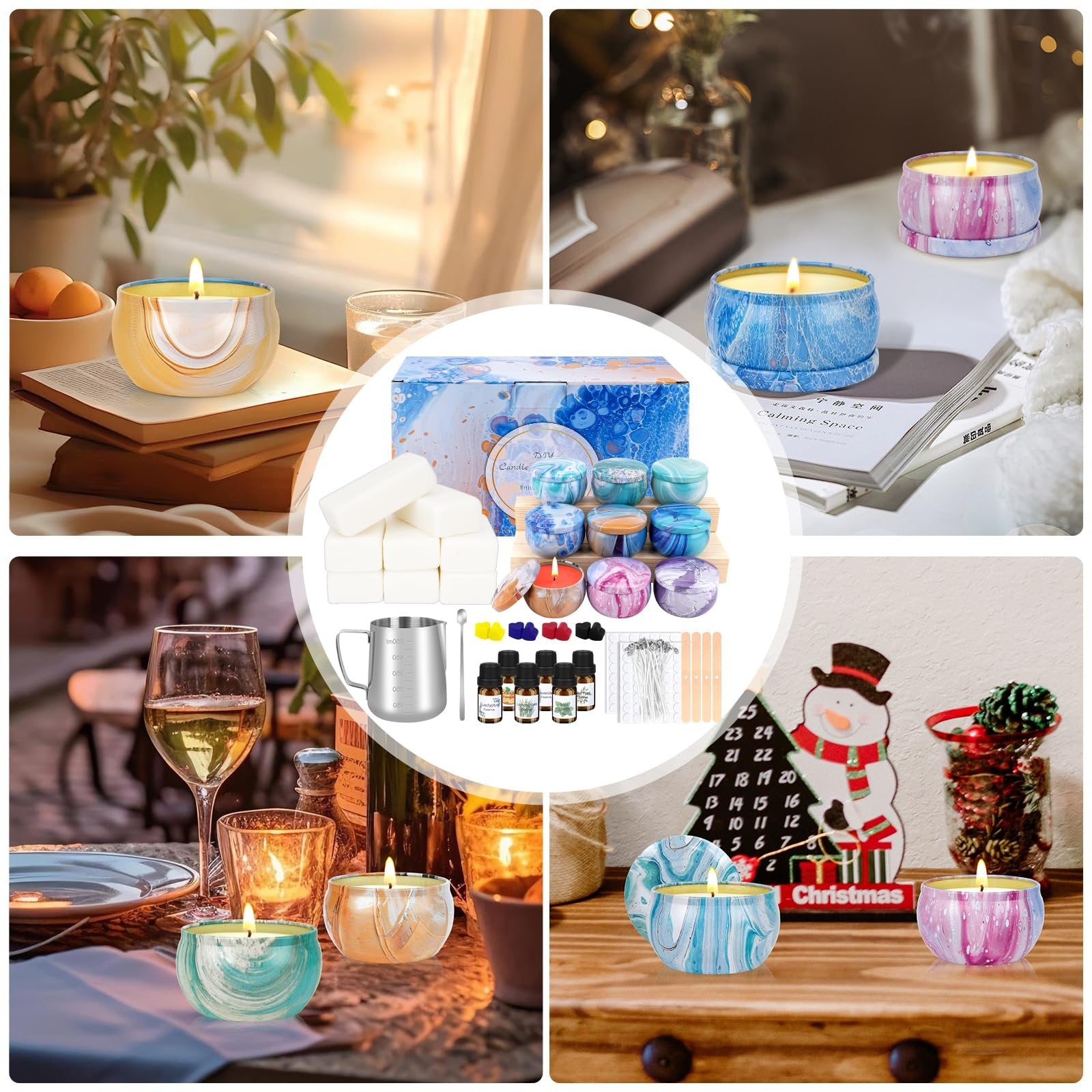Collage of images showing a candle making kit with soy wax blocks, tins, fragrances, dyes, wicks, and a melting pot.