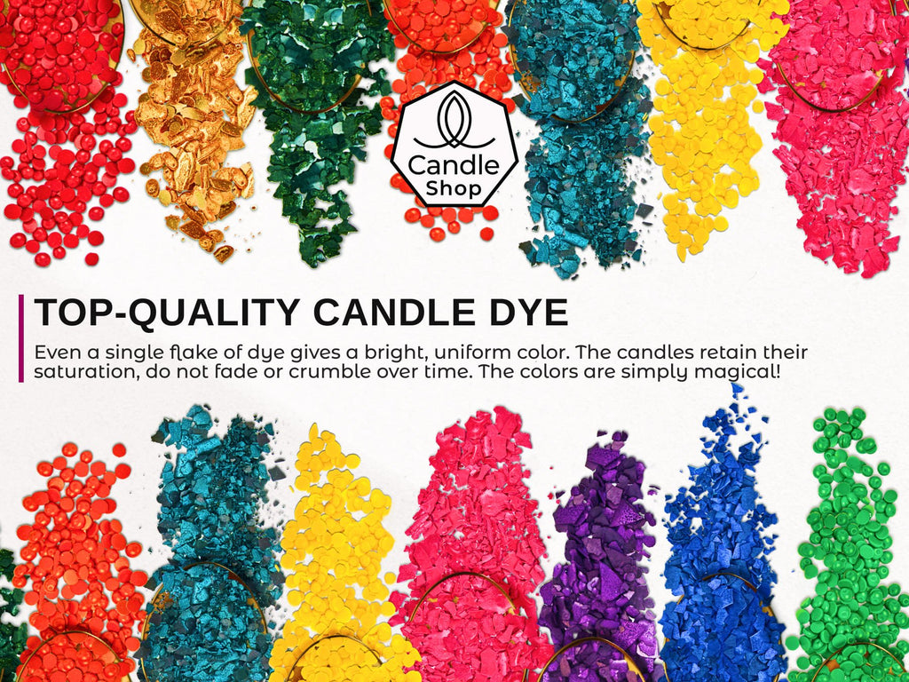 Various colors of candle dye chips and beads displayed in scoops against a white background, with text overlays.