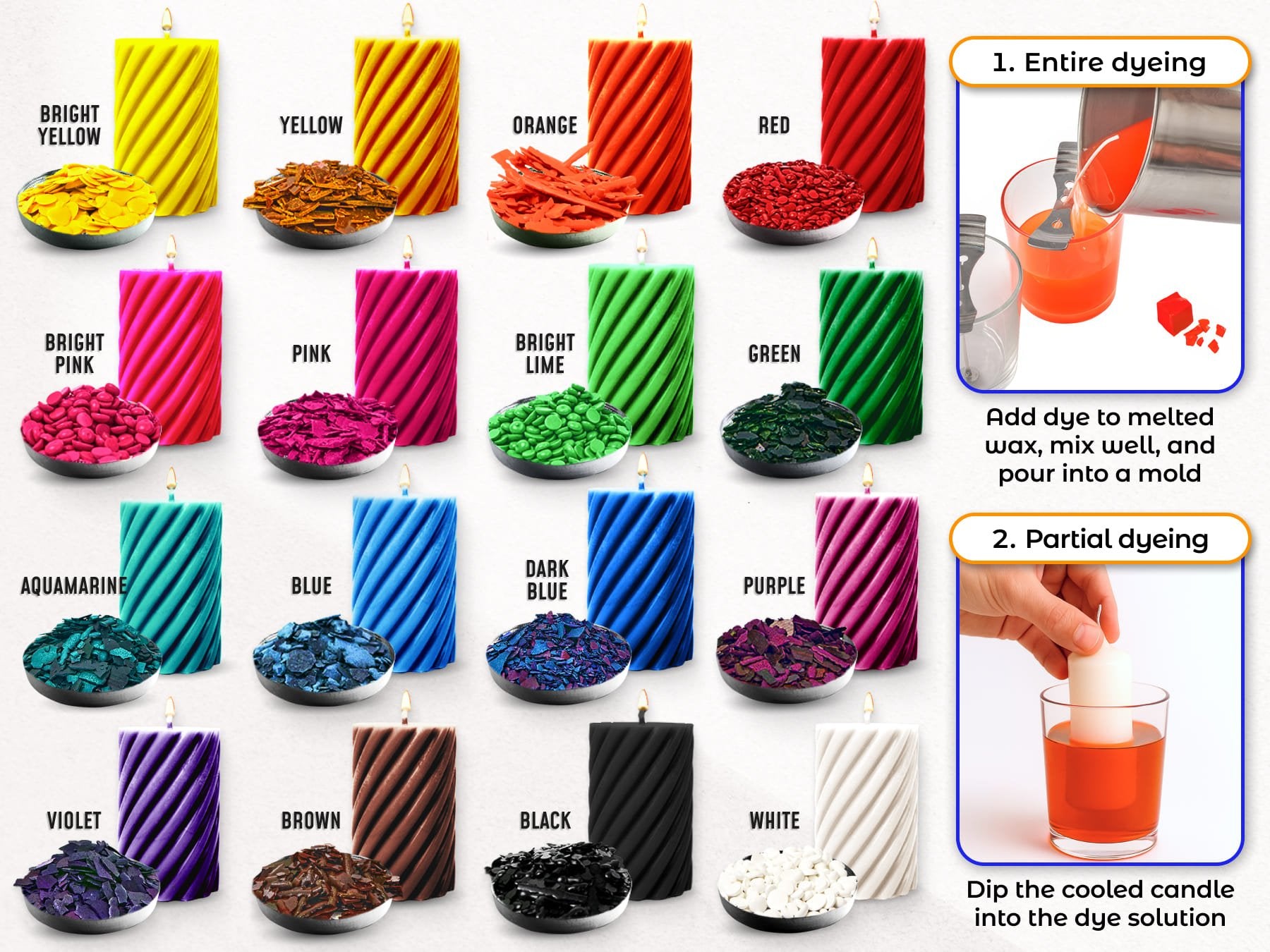 Candle wax dye chips in 16 colors displayed with corresponding dyed candles and instructions for dyeing.